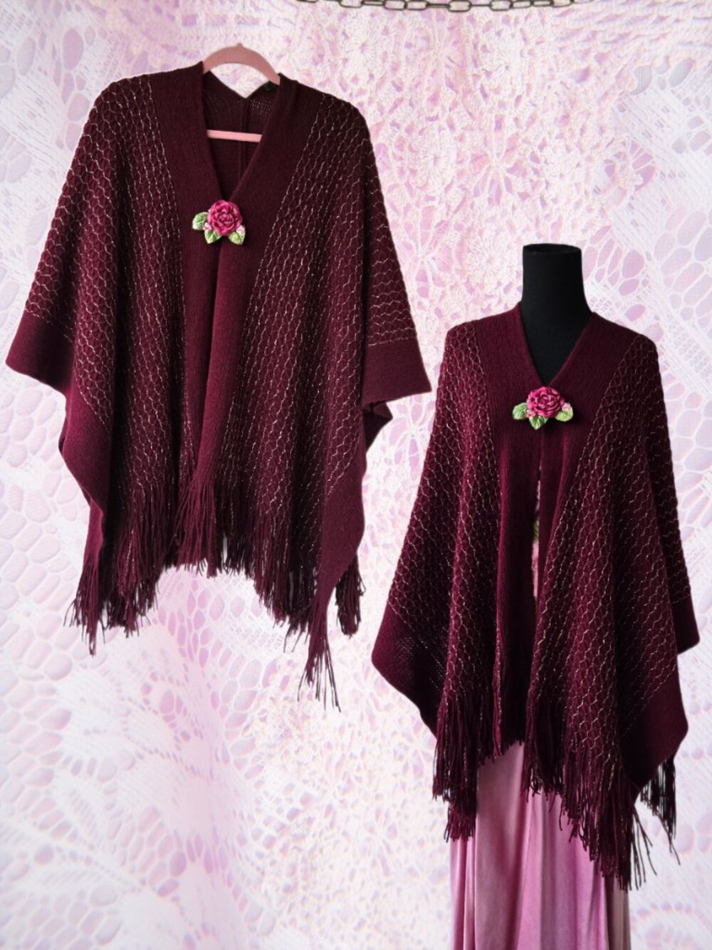 BUNDLE 2-pc Burgundy Knit Wrap Cardigan Poncho-Style + Velvet Rose Brooch Boho